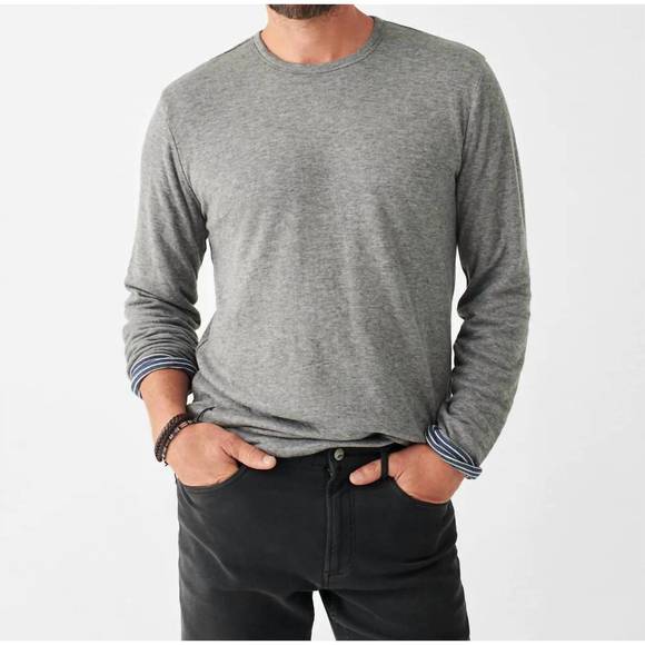 NEW FAHERTY cloud reversible crew shirt in medium grey heather / navy cream stri - Picture 2 of 6